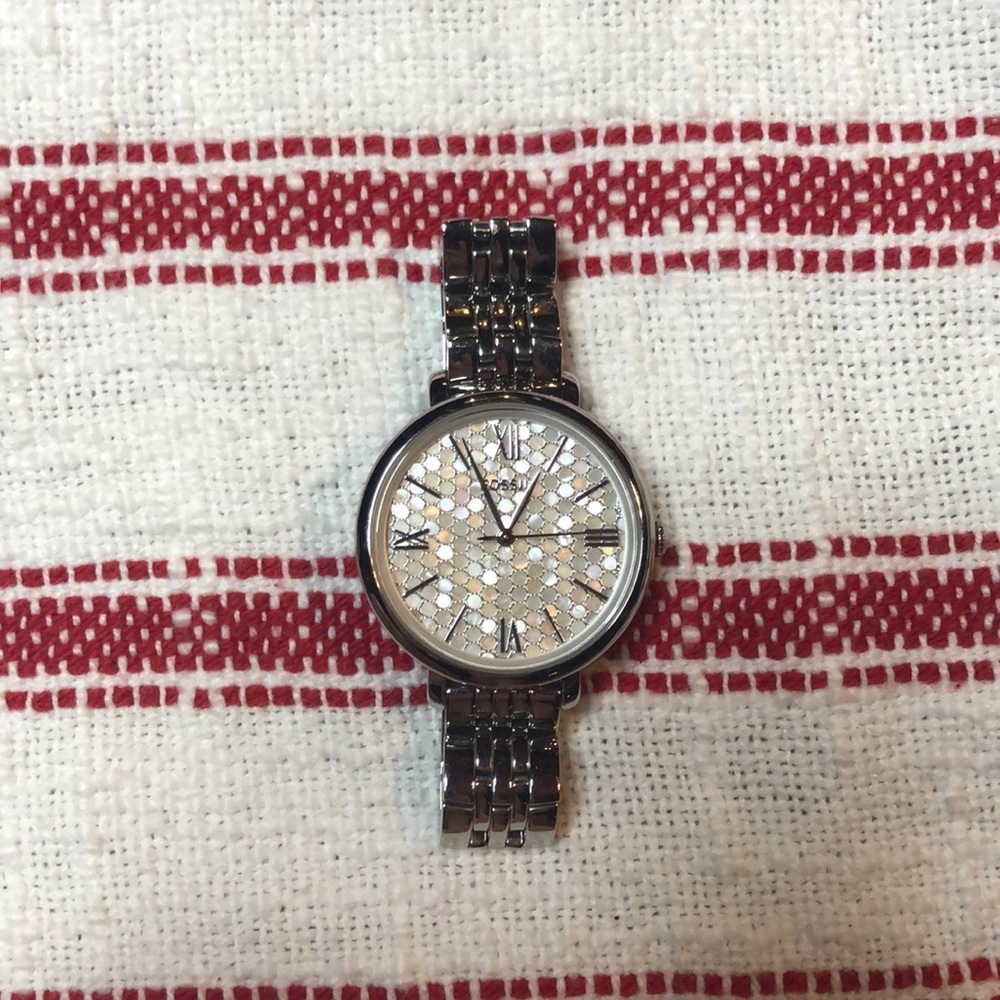 Silver Fossil Watch with Pearl face